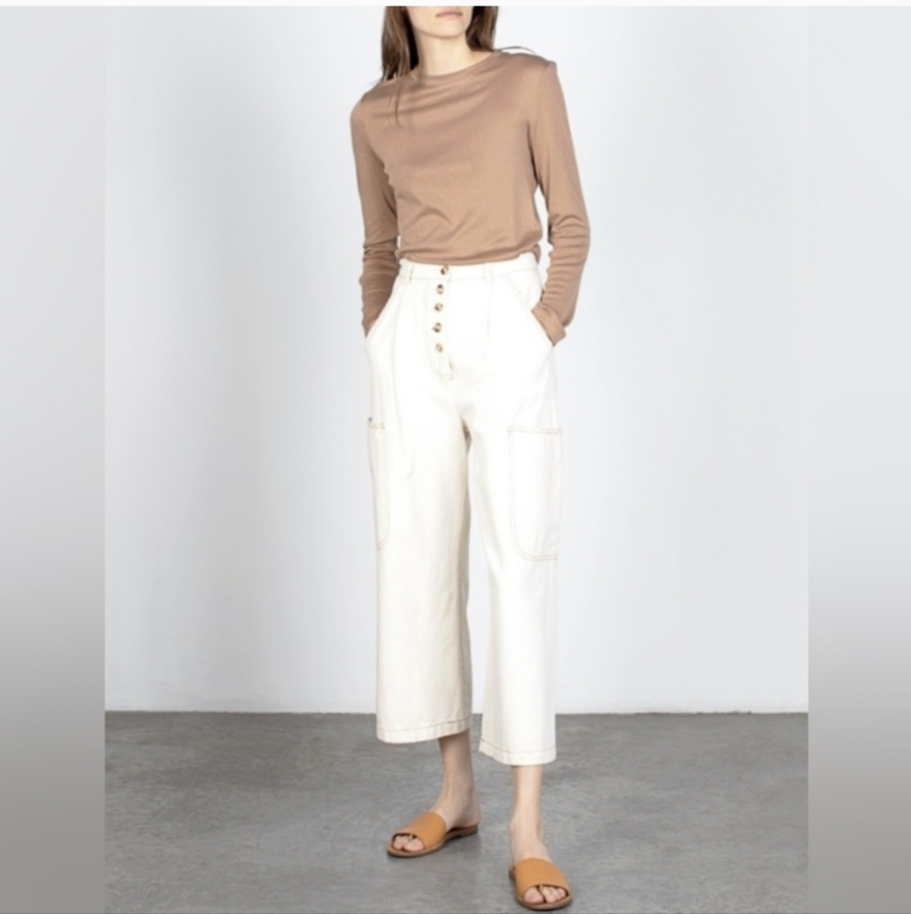 Mod Ref The Avenue Cropped Wide-Leg Button Pants Patch Pockets Ivory Size Small